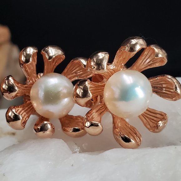 Sterling Silver 925/14K Rose Gold Studs Large Freshwater Pearls Earriings - Picture 3 of 11